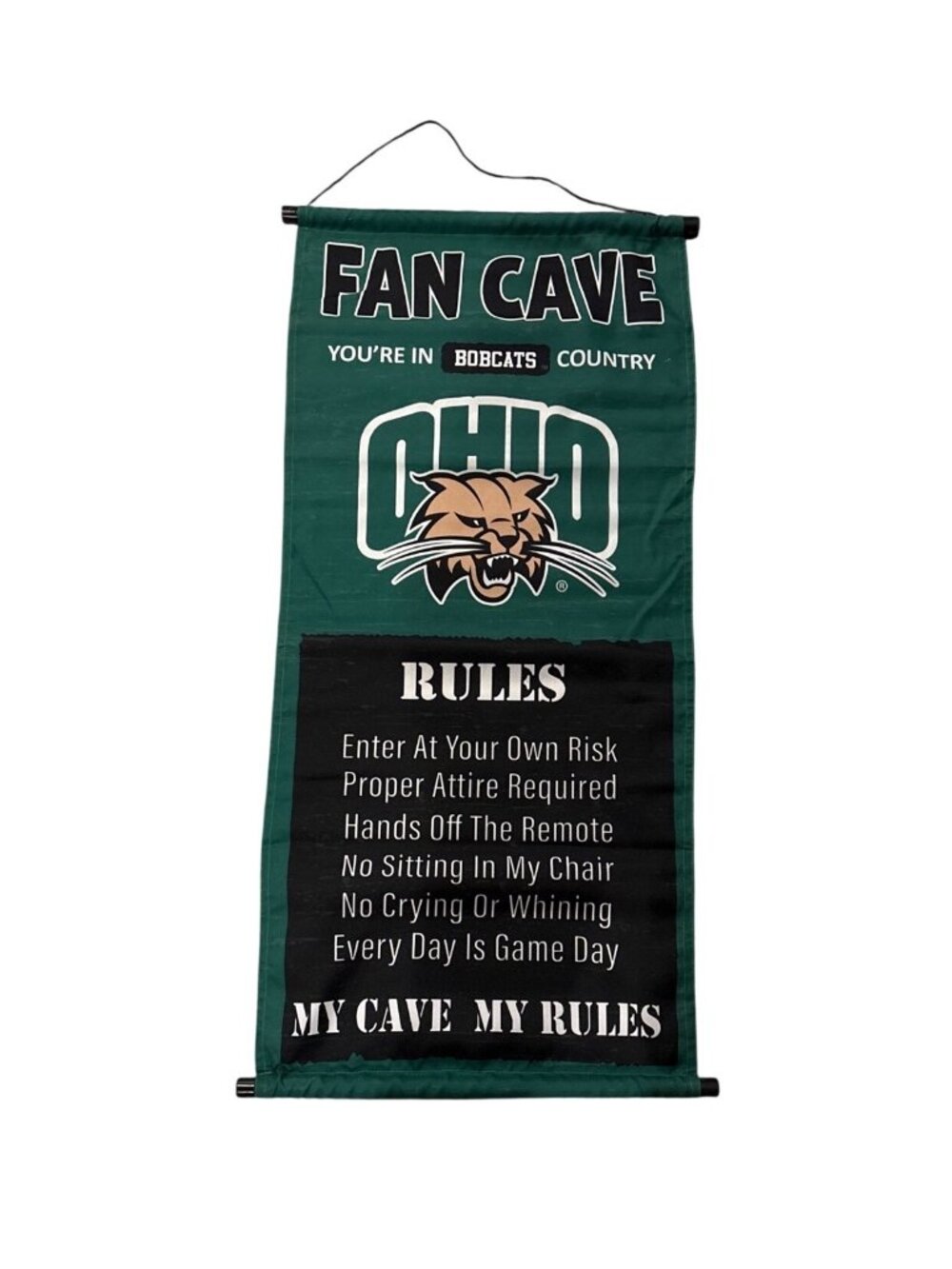 Ohio Bobcats Fan Cave Hanging Banner With Rules Green & Black 35" x 16"